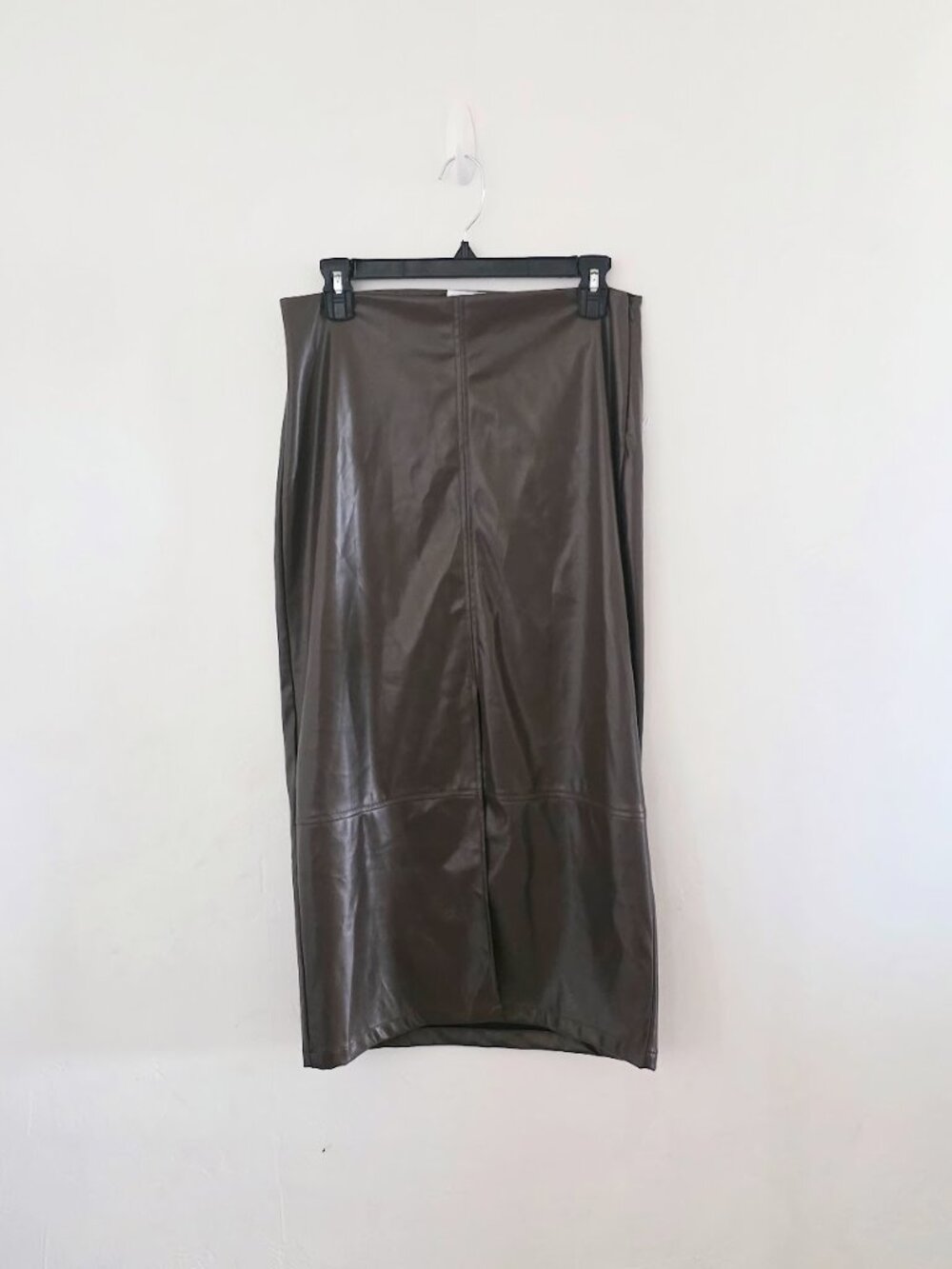 Gilli Brown Faux Leather Midi Skirt Size Large Vegan Pencil High Waisted